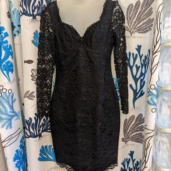 VTG 90s Black Lace Cocktail Mini Dress by Moda International Size 6 - Picture 1 of 16